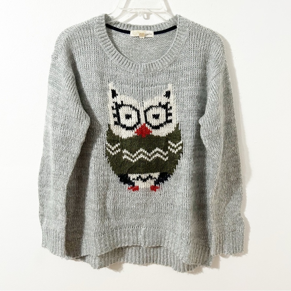 Rewind Owl 🦉 Graphic Crewneck Pullover Acrylic Sweater Long Sleeve High Low Hem